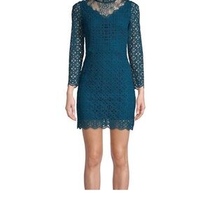 Sandro Bartsie Mini Dress in Teal Blue Guipure Lace Long Sleeve Dress Size 36/S